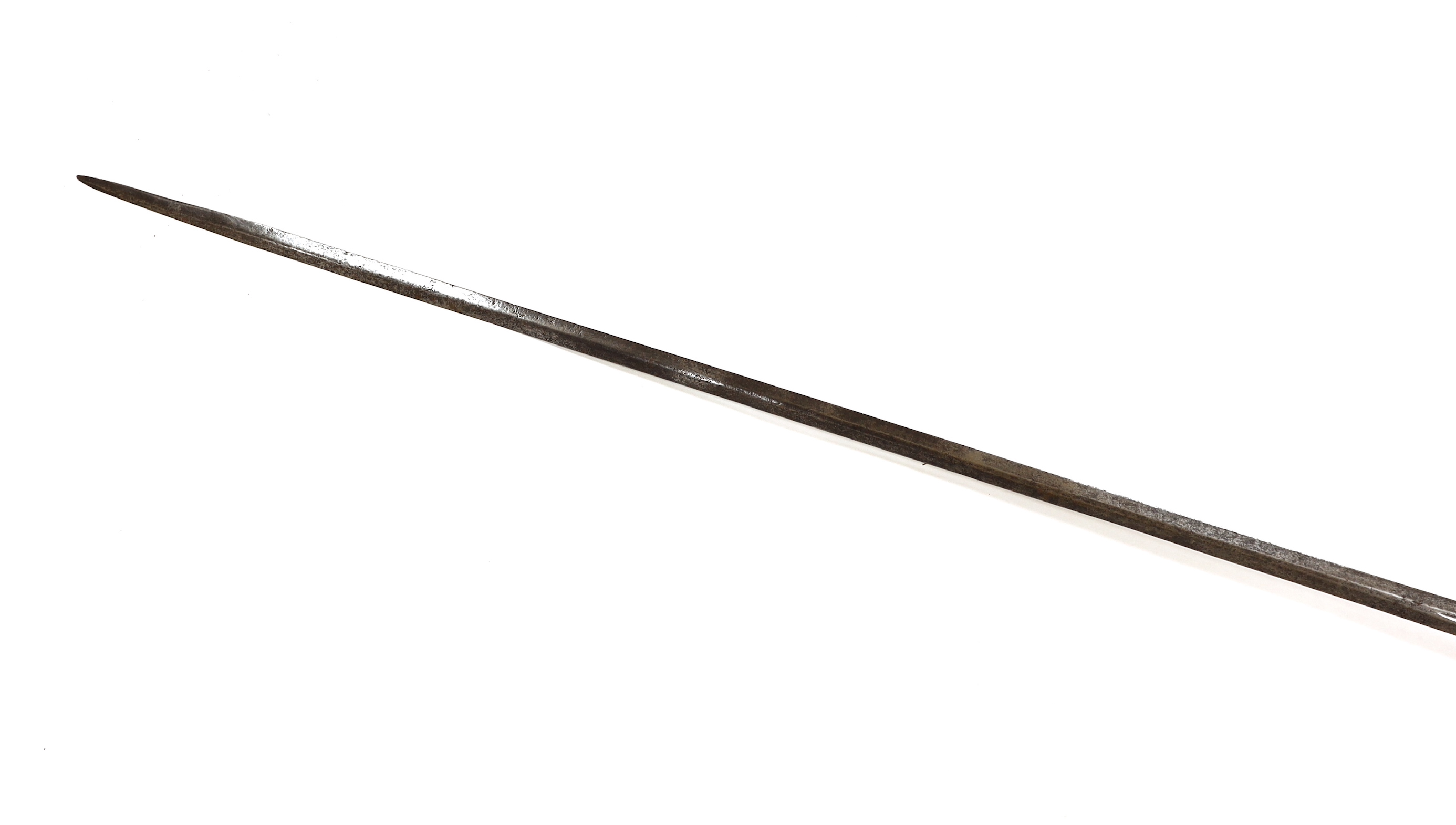 A swept hilt rapier, c.1620, blade fullered at the forte, iron guard of conventional form with later pommel and wooden grip, blade 113cm